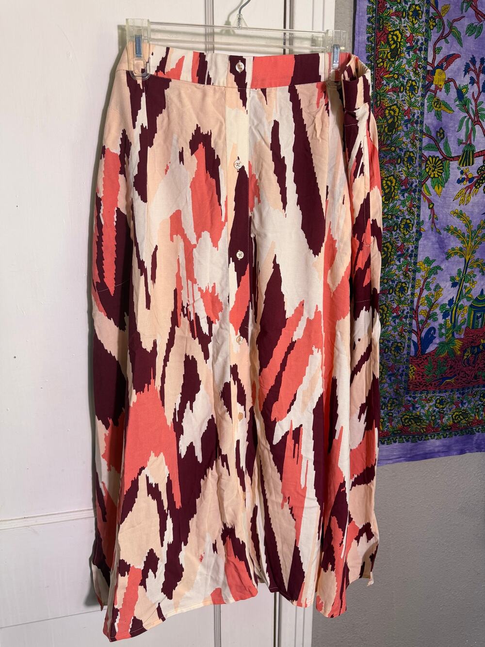 d&co Womens XL Abstract Print Button Front Midi Skirt Burgundy Coral NWOT